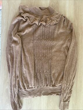 JCREW Textured Pointelle Ruffle-Neck Women's Sweater in Light Brown